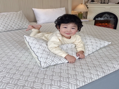 韩国冷感科技PE凉席床笠三件套（床笠+2枕套）几何咖色，雪凌冰肌，蓝格纹，蓝条纹四款可选