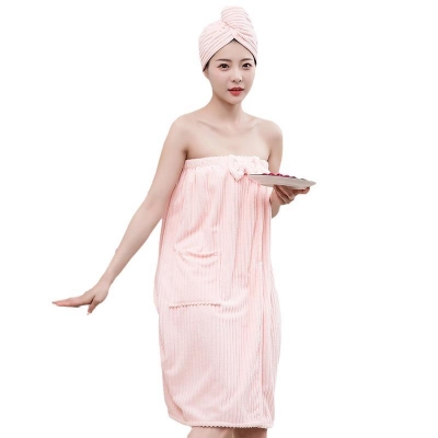 日式竖条纹奶油绒浴裙