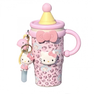 高颜值Hello kitty保温冰霸吸管杯，316不锈钢内胆，314不锈钢杯体，双层保温保冷(600ml) 粉色豹纹猫，蓝色好运猫 可选
