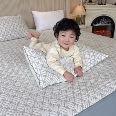 韩国冷感科技PE凉席床笠三件套（床笠+2枕套）几何咖色，雪凌冰肌，蓝格纹，蓝条纹四款可选